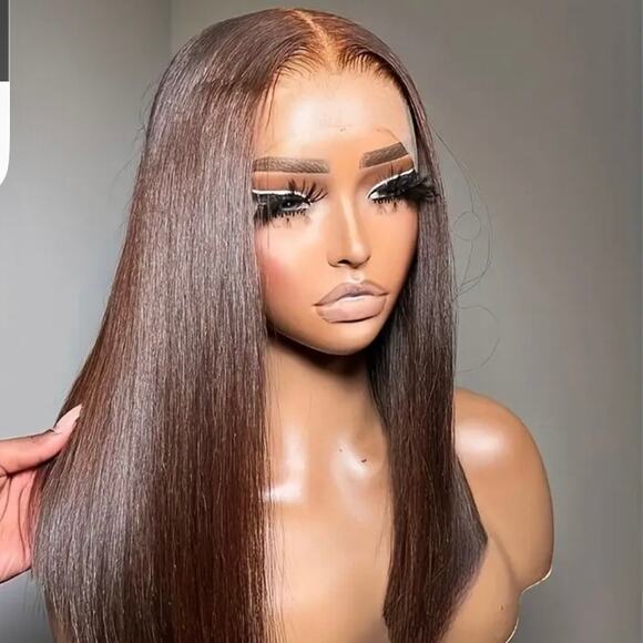 Chocolate Auburn Brown Human Hair 16" Glueless Wig NWT - Picture 1 of 7